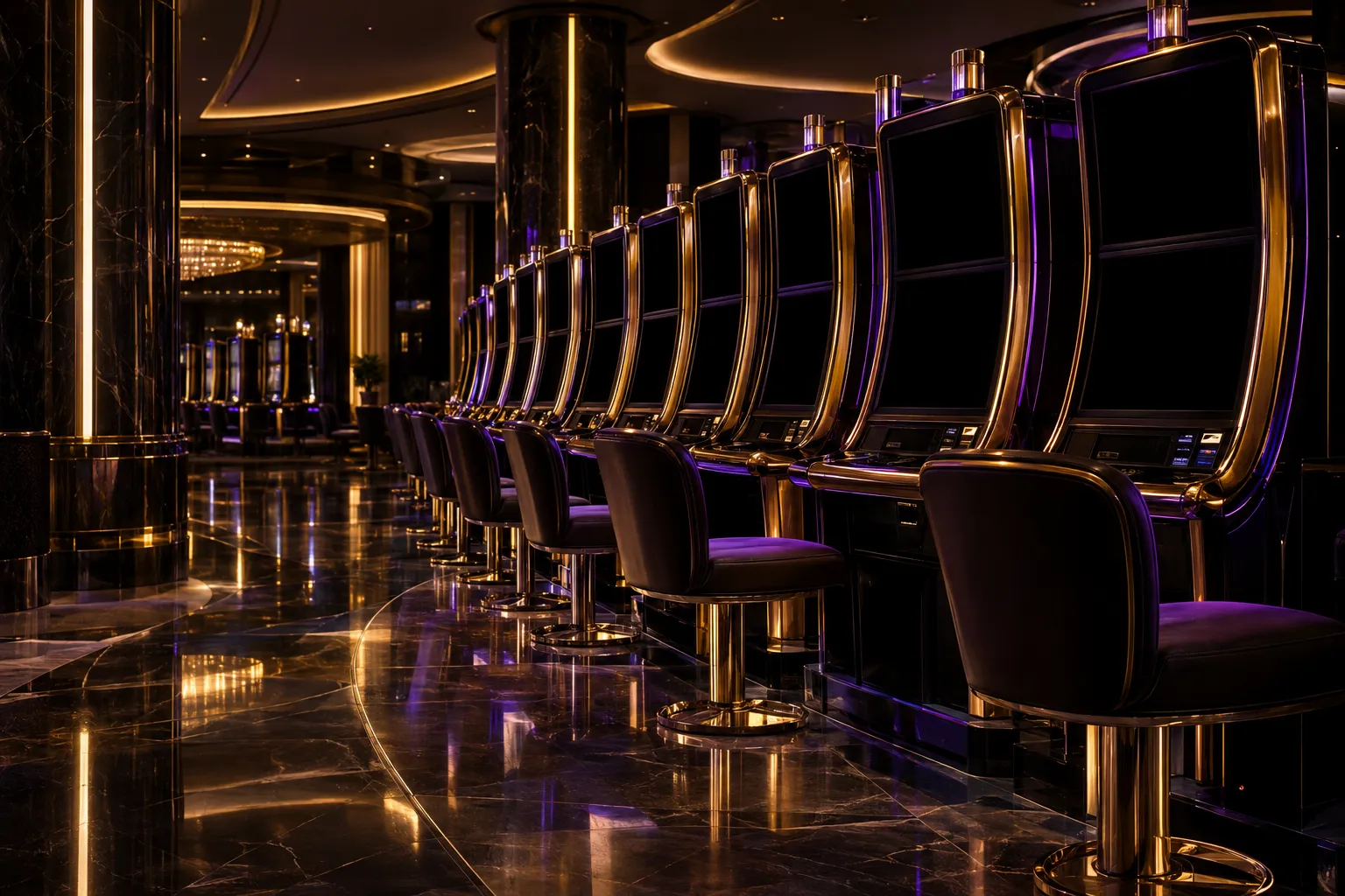 Warm slot floor lighting behind a row of casino reel cabinets