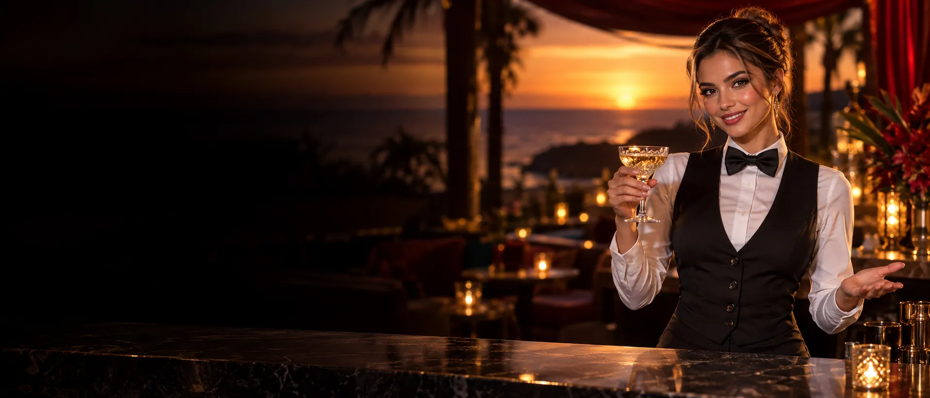 Croupier gesturing toward a beach bar counter while explaining casino details at sunset