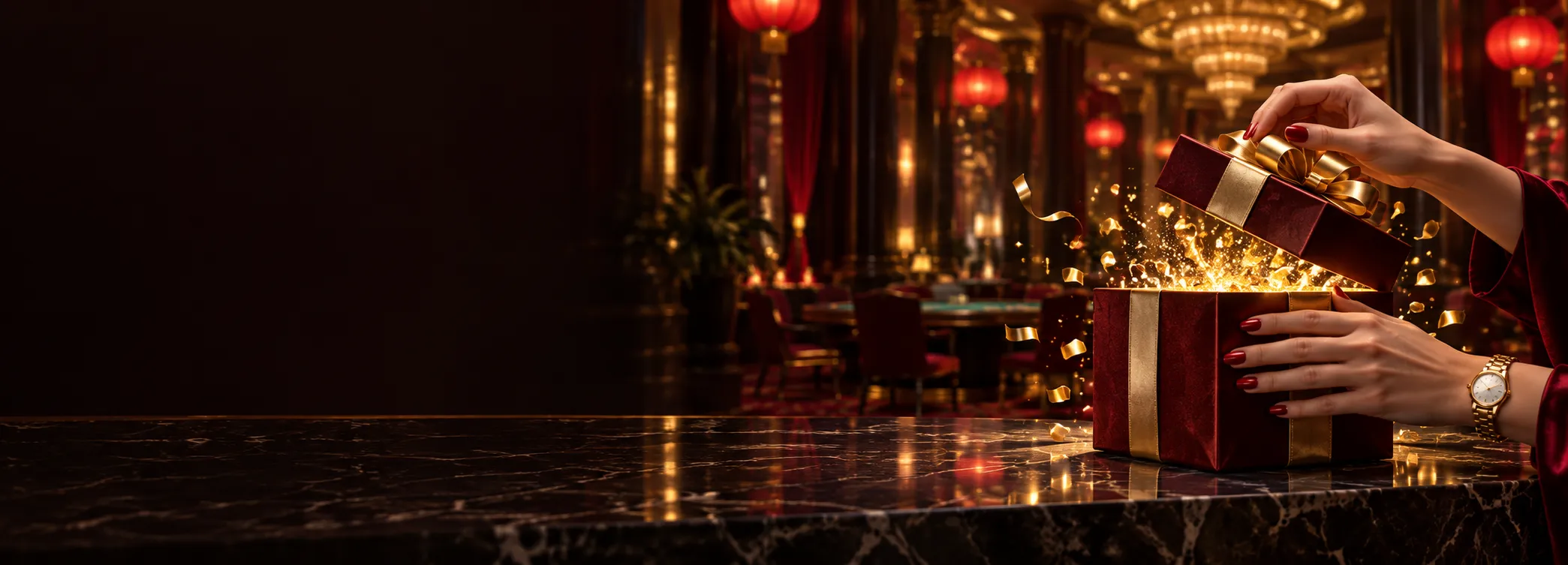 Hands lifting the lid of a gift box spilling gold confetti in a red-lantern casino hall