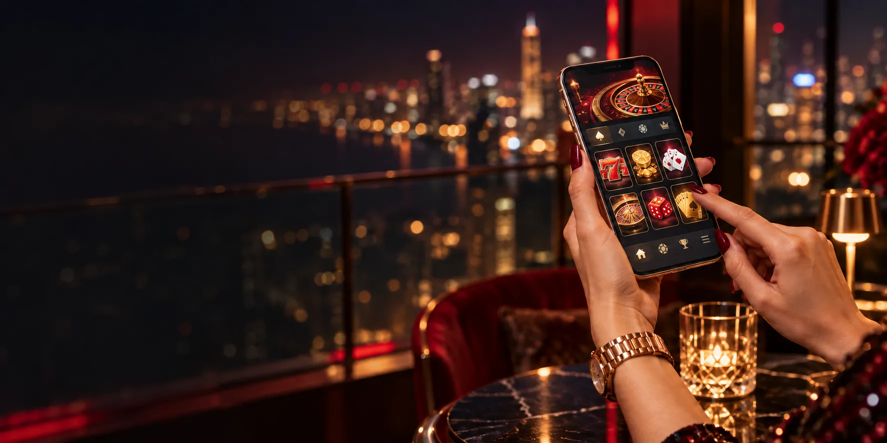 Hands holding a phone showing the Here2Win Casino lobby in a glass city lounge at night