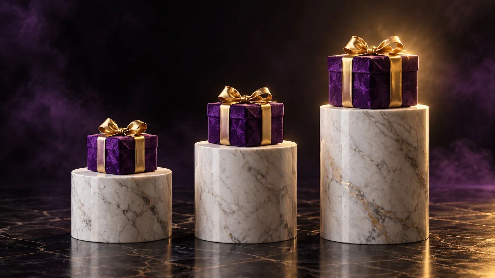 Three golden plinths staged like reward pedestals for the deposit bonus steps