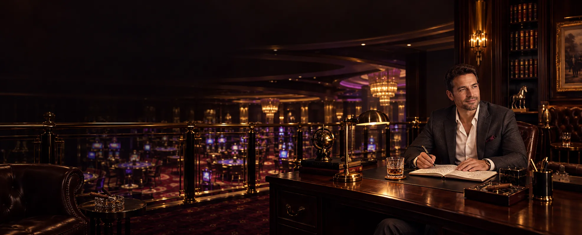 Kevin, the guide author, writing at a desk overlooking a glowing casino floor from a cigar lounge
