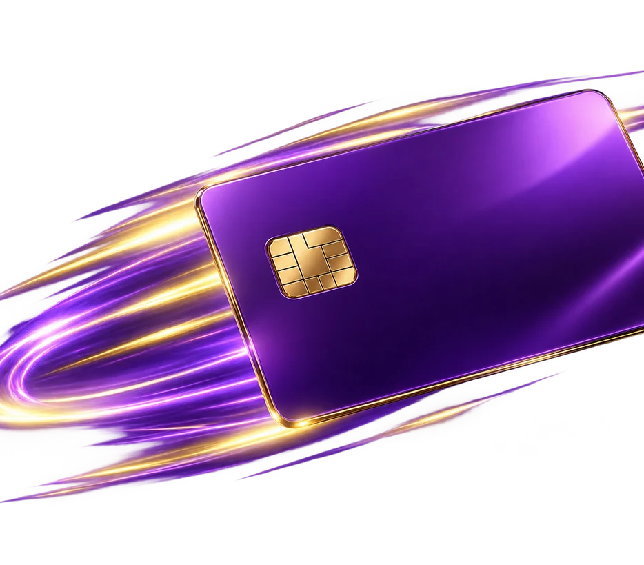 Purple Mastercard card mockup used for casino deposits and withdrawals
