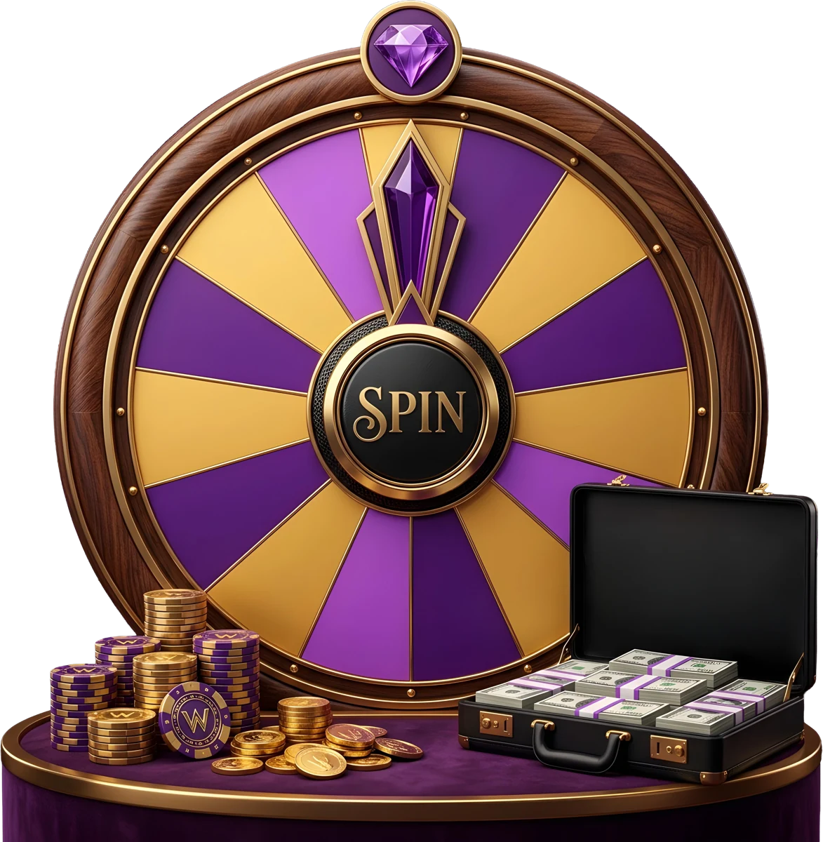 Gold and violet prize wheel in a wooden frame, matching the Here2Win bonus wheel widget