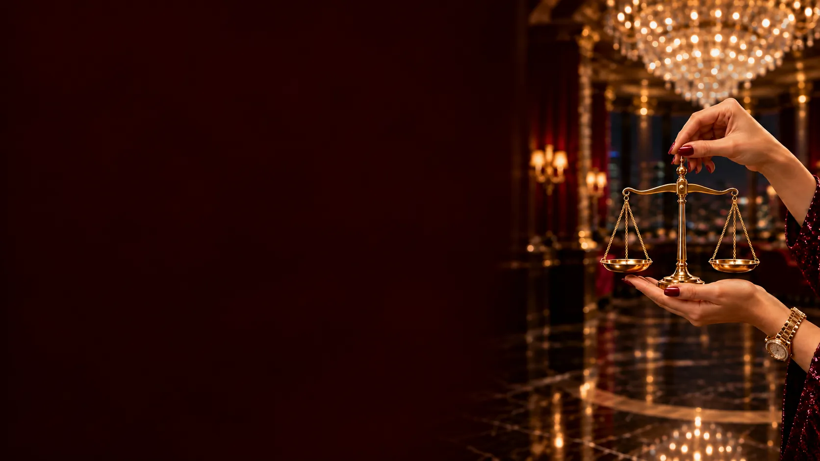 Hands balancing a small set of brass scales in a crystal-lit casino atrium