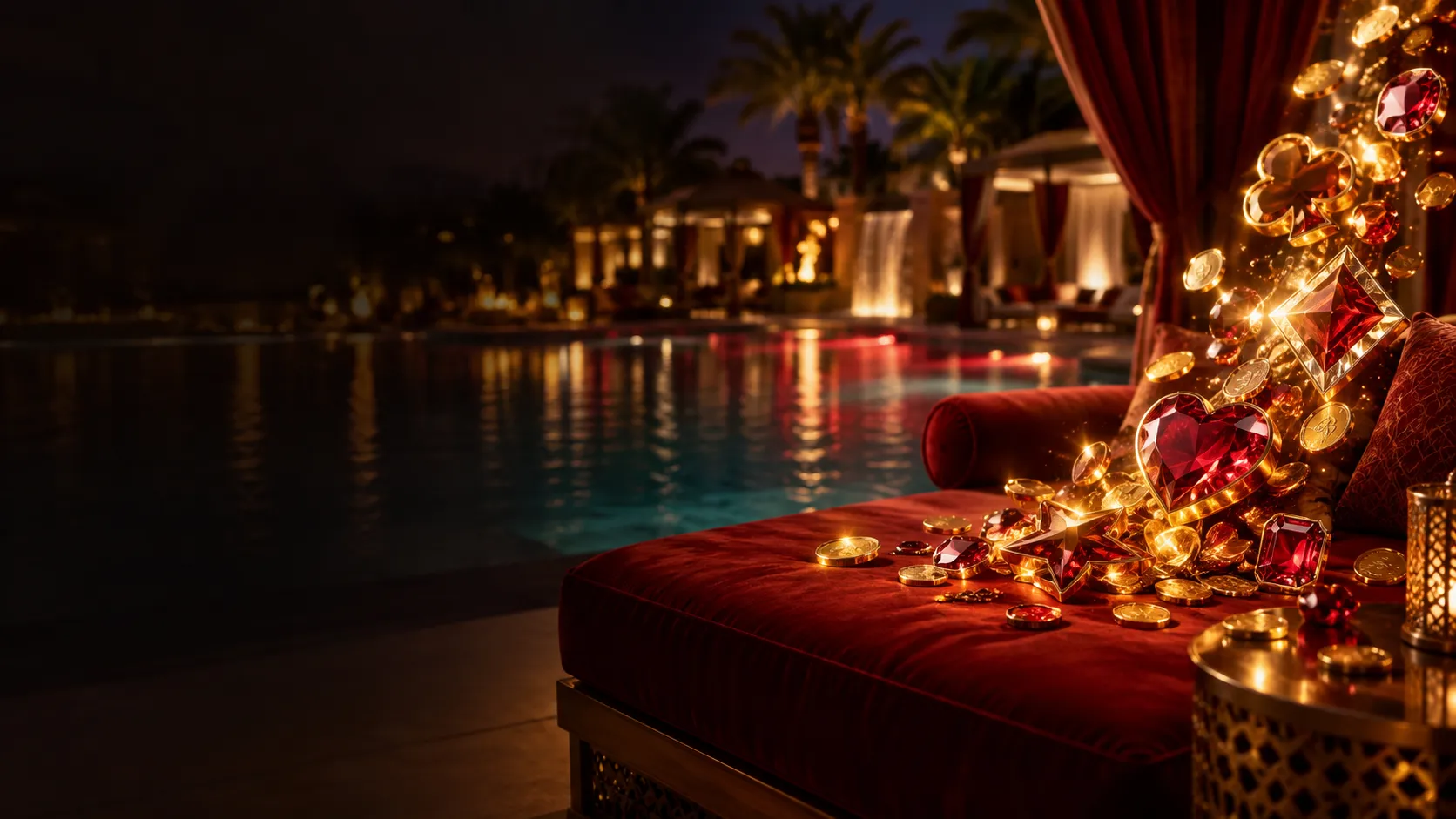 Glowing cascade of gem and jackpot symbols across a poolside cabana daybed