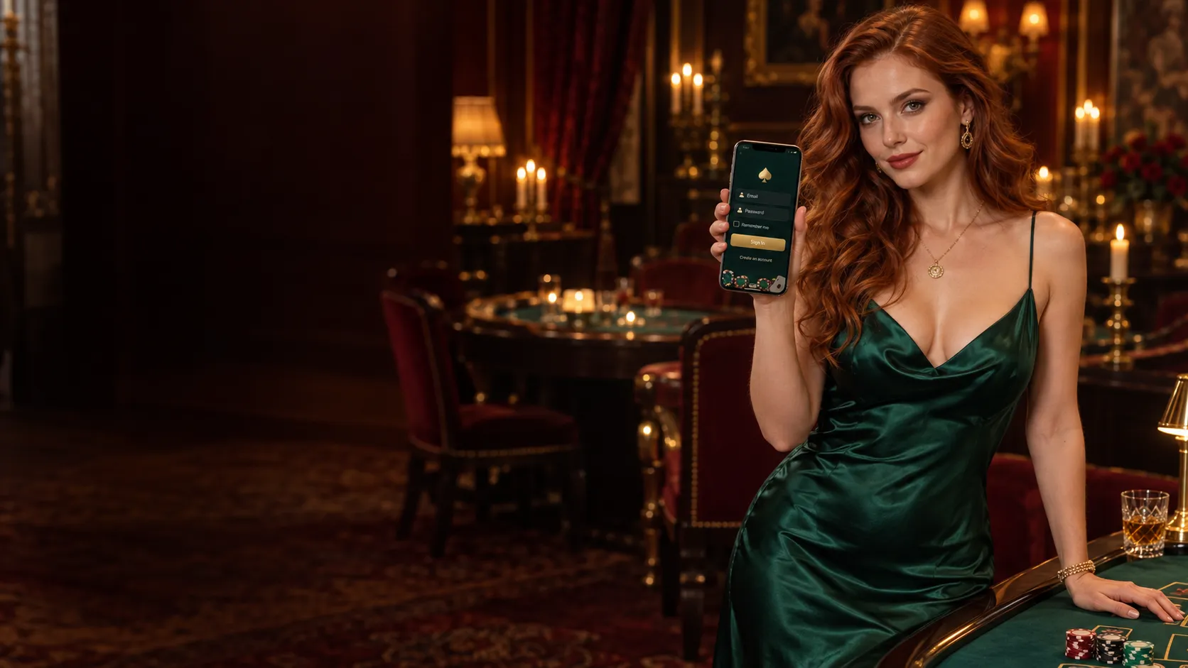 Woman checking a Here2Win Casino sign-in screen on her phone in a candlelit card room