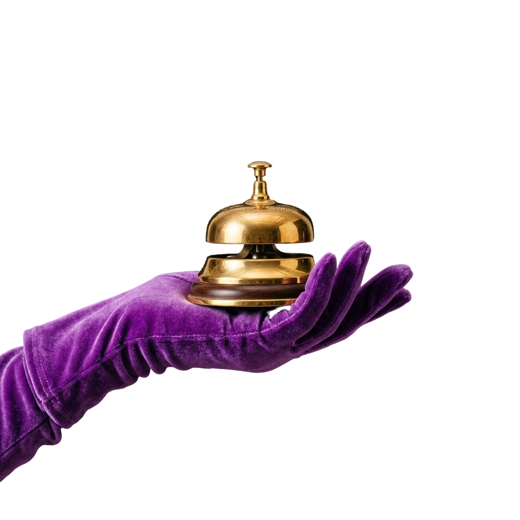 Purple velvet glove ringing a gold service bell, standing in for calling casino support
