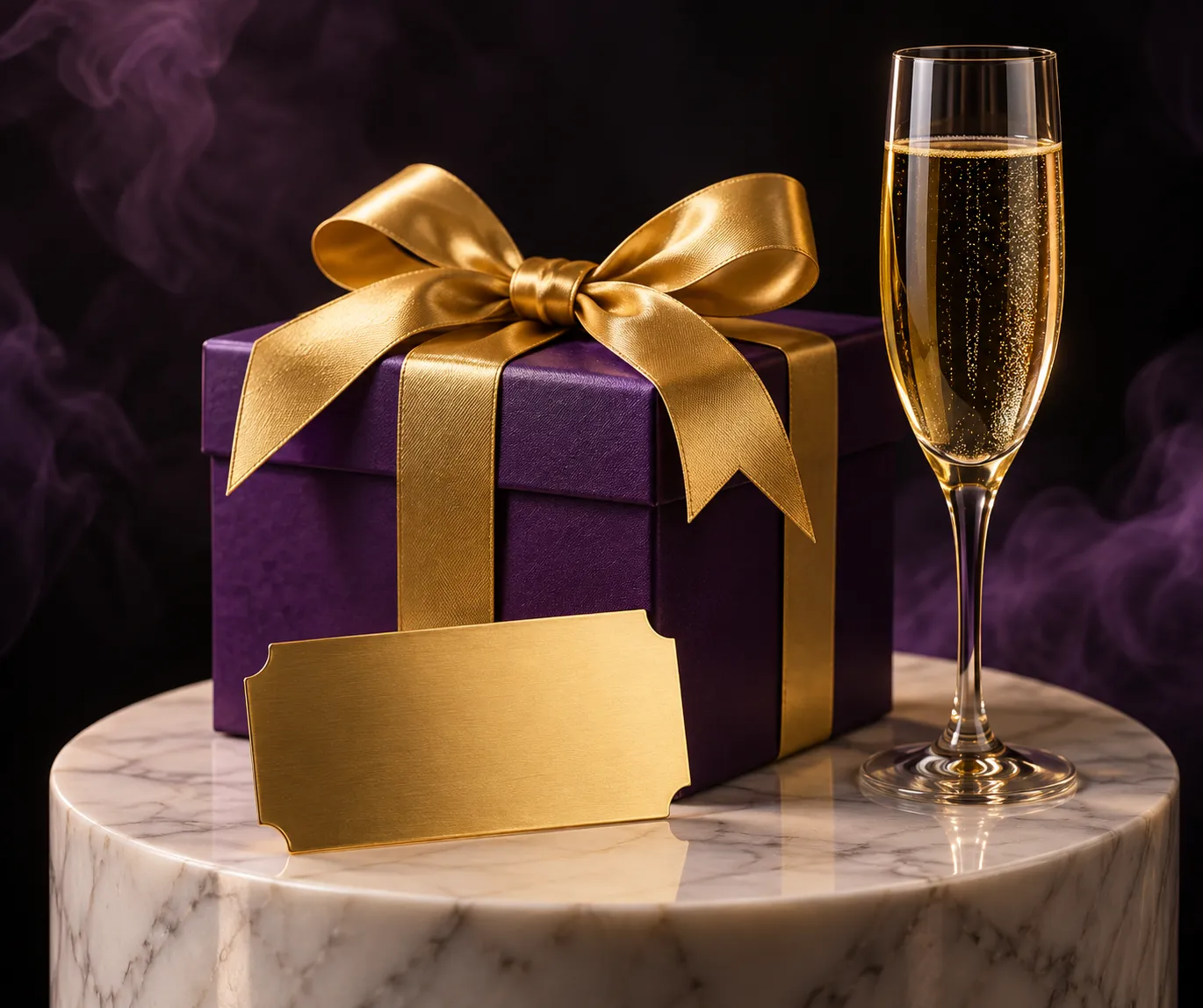 Gift box and winning ticket displayed on a pedestal, representing the welcome bonus package